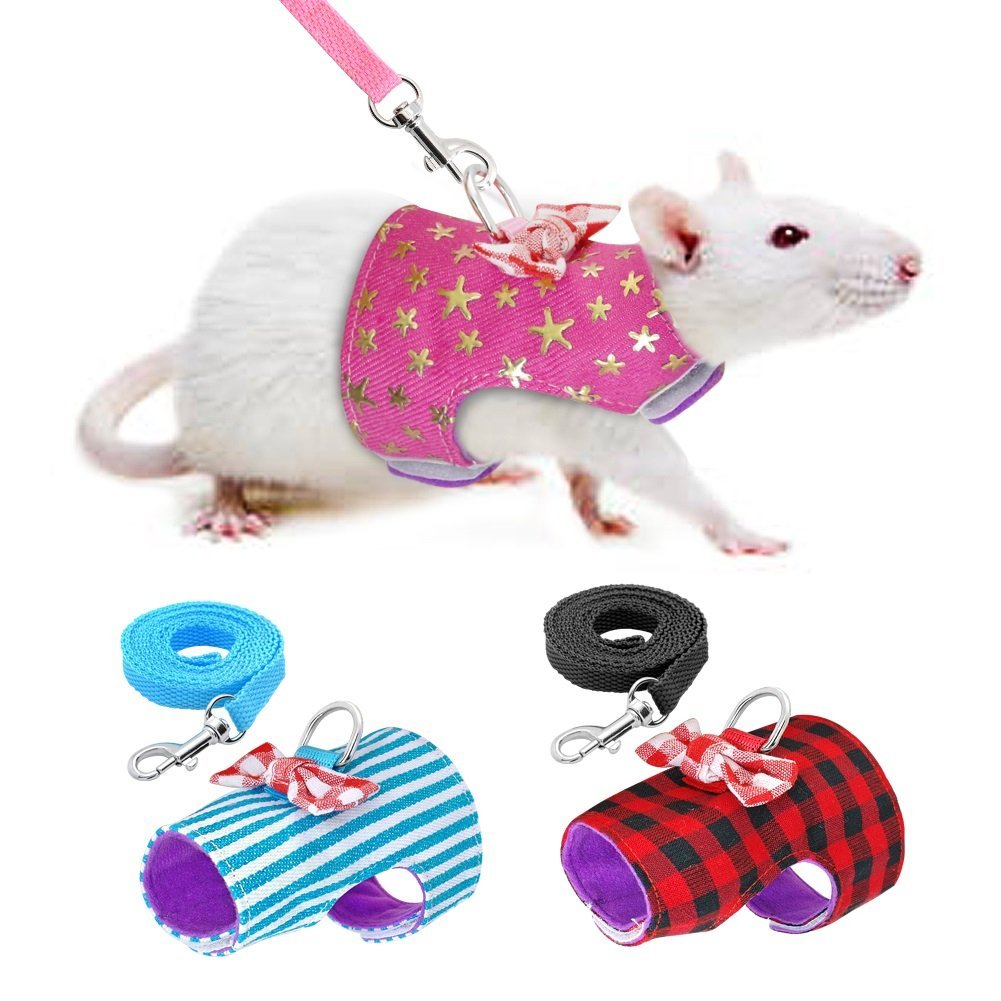CheeseandU Small Pet Outdoor Walking Harness Vest and Leash Set with Cute Bowknot Decor Chest Strap Harness for Rat Ferret Squirrel Hamster Clothes Accessory Pink Star